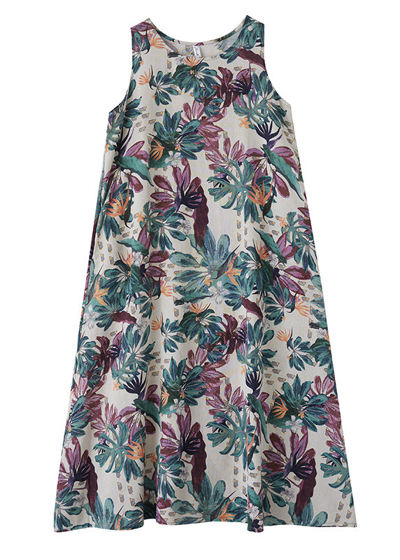 Print Exra Large Hem Cotton Loose Dress Sleeveless