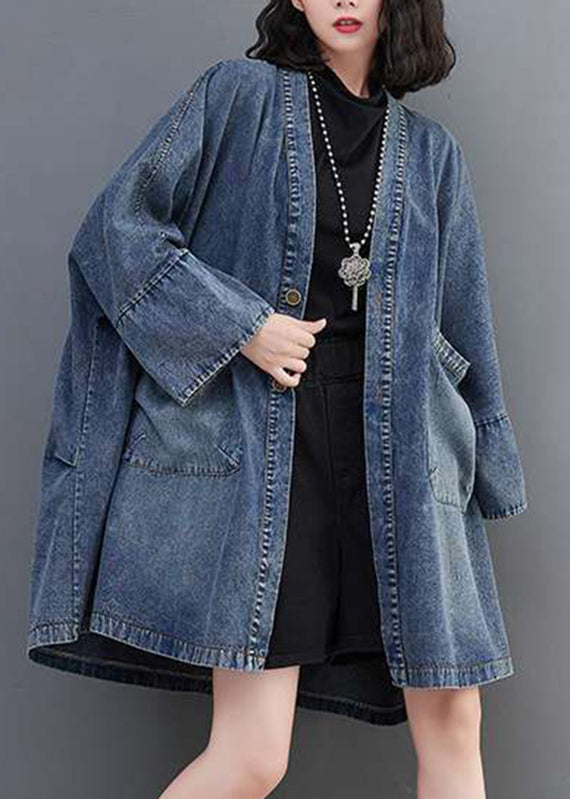 Blue V Neck Pockets Denim Coats Fall