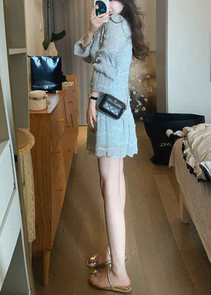 Italian Blue Ruffled Zircon Pearl Chiffon Mid Dress Spring