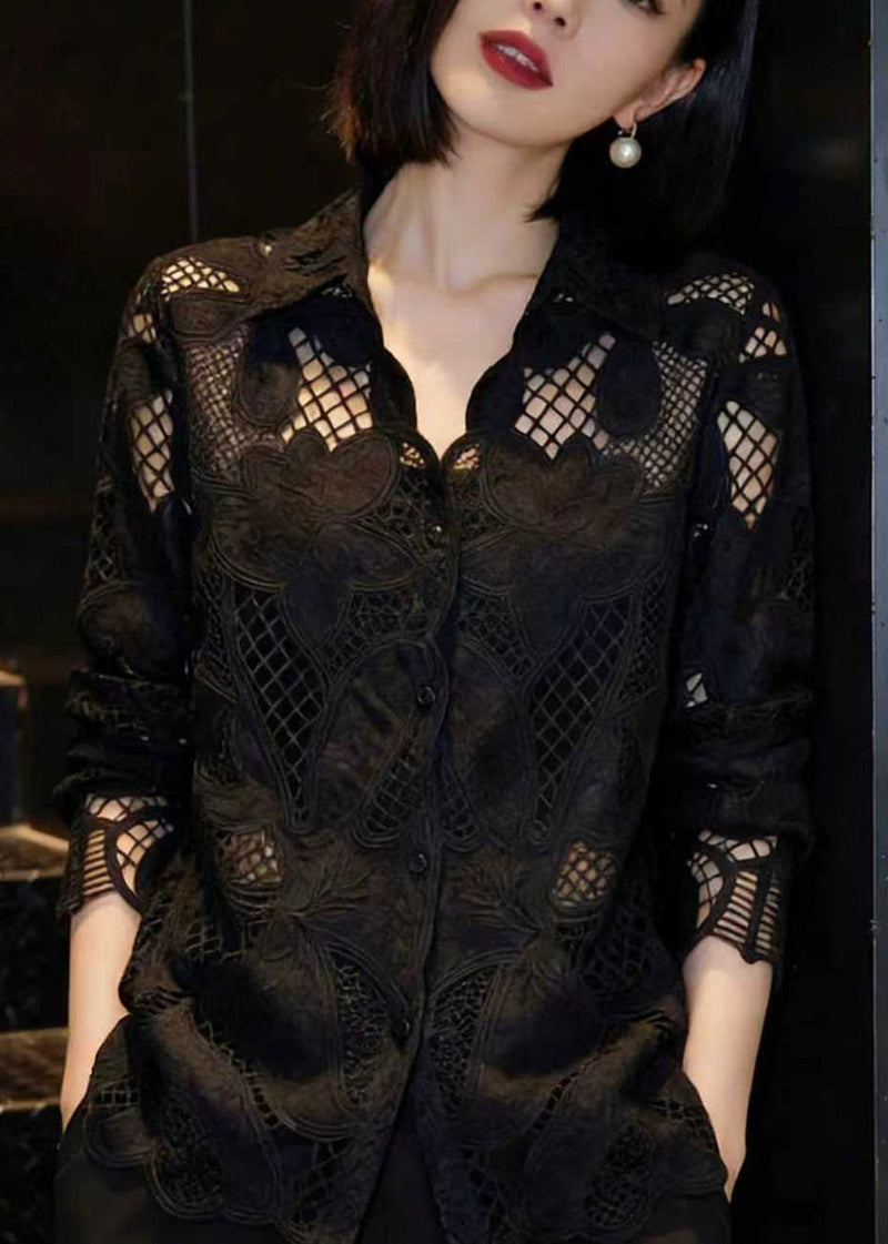 Black Hollow Out Lace Shirt Long Sleeve
