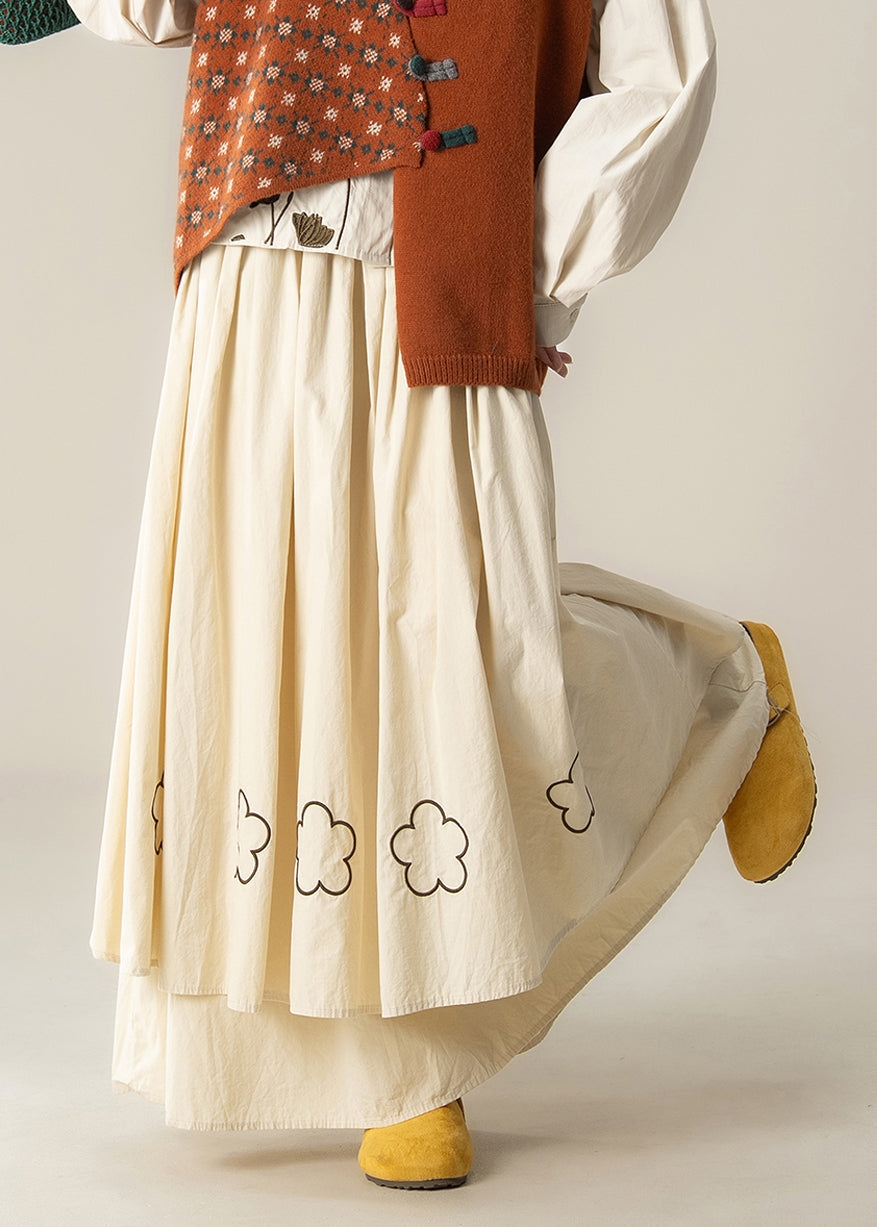 Art Beige Embroidered Exra Large Hem Cotton Skirt Spring