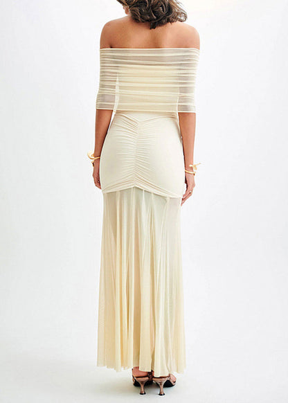 French White Wrinkled Patchwork Tulle Strapless Long Dresses Summer