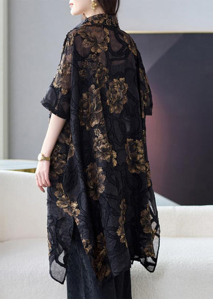 Black Asymmetrical Silk Blouse Tops Summer