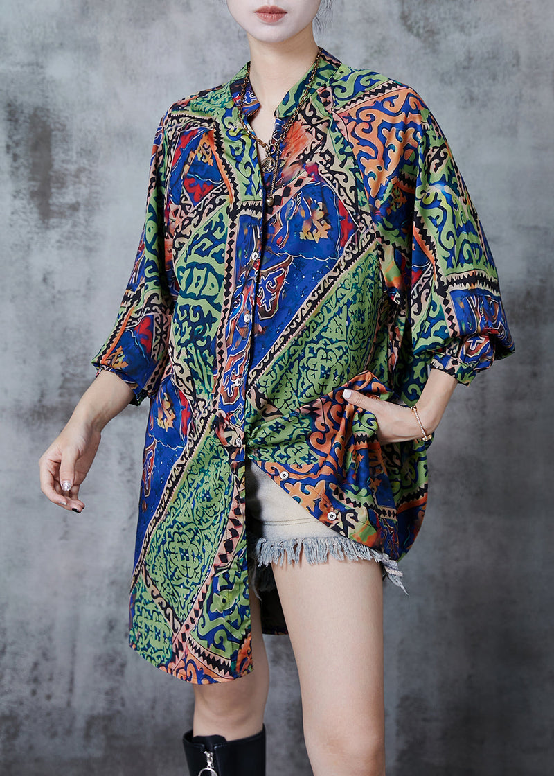 Green Print Draping Silk Tea Dress Spring