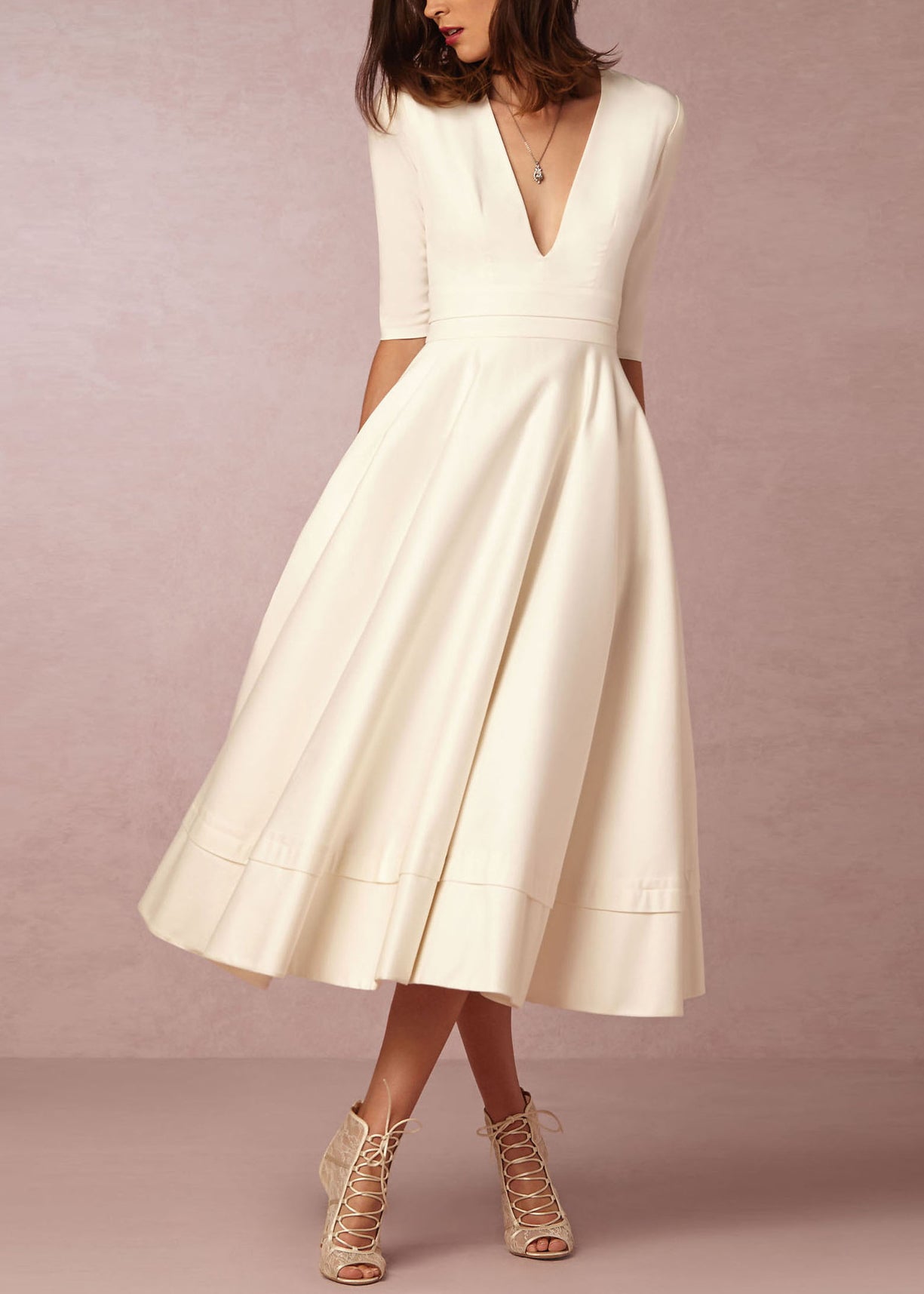 White V Neck Wrinkled Exra Large Hem Dresses Summer
