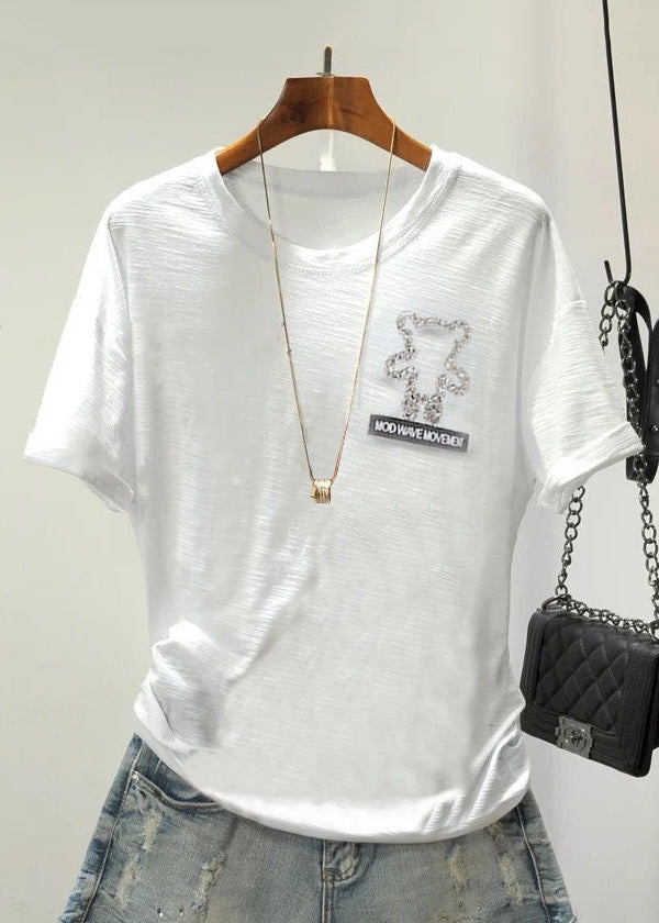 Daisy Zircon O Neck Cotton T Shirts Summer
