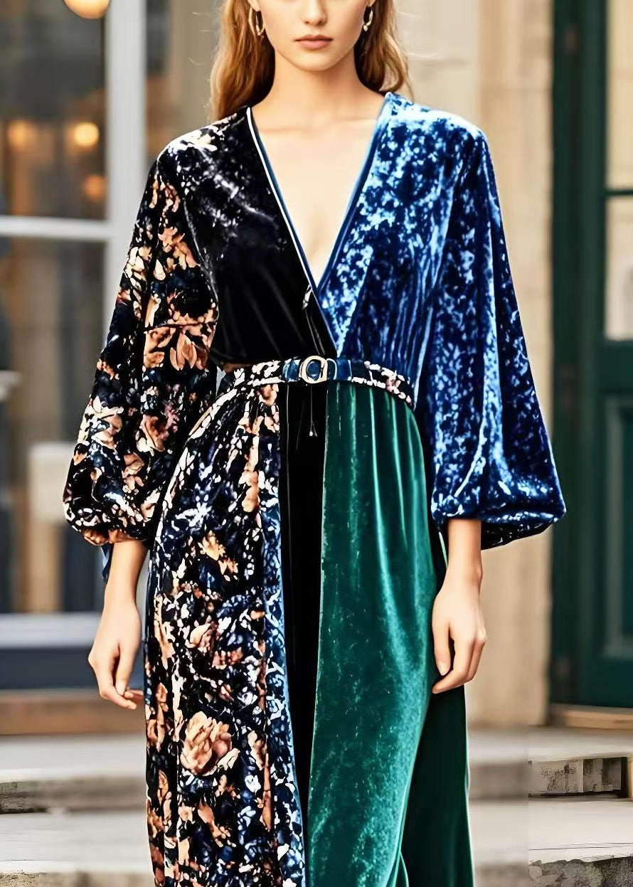 V Neck Patchwork Print Silk Velvet Dress Spring