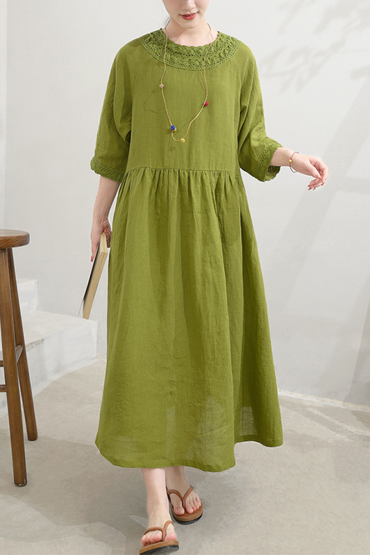 Summer Sand Washed Linen Lace Panel Dress