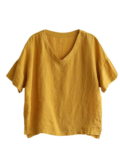 Classy Yellow V Neck Patchwork Linen Tops Short Sleeve