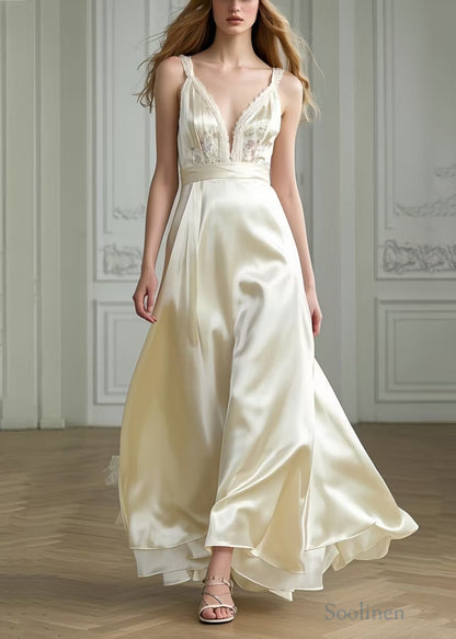Milk White Exra Large Hem Draping Silk Party Dresses Summer