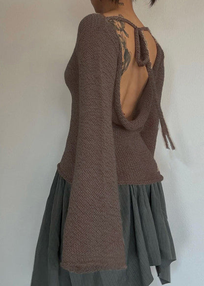 European and American Coffee Backless Lace Up Flared Sleeve Knit Top