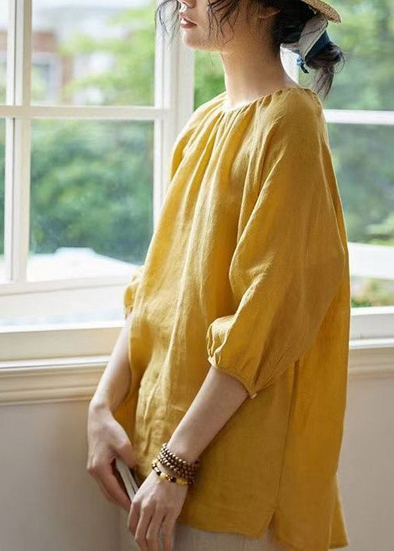 Yellow O-neck Embroidered Patchwork Linen Shirt Spring