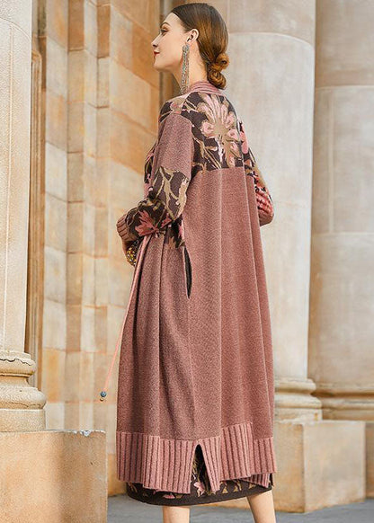 French Khaki Print Original Design Oriental Knit Outer Cape Set Winter