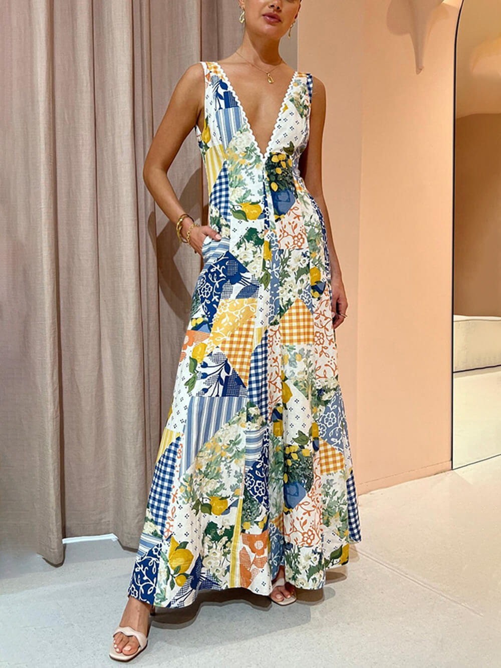 Sleeveless Printed Large V-neck Dress