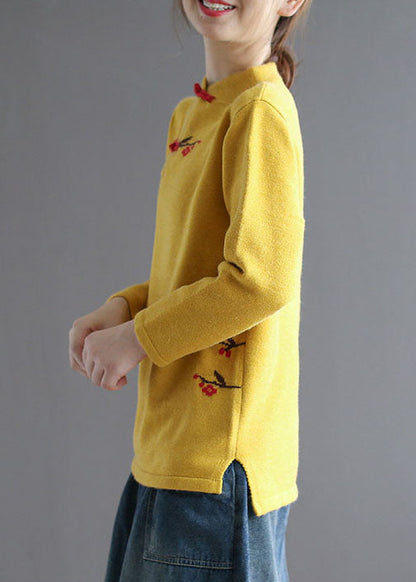 Yellow Stand Collar Low High Design Embroidered Knit Sweater Spring
