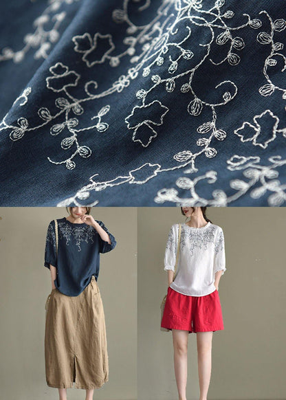 Simple White Loose O-neck Embroidered Summer Linen Blouse Top