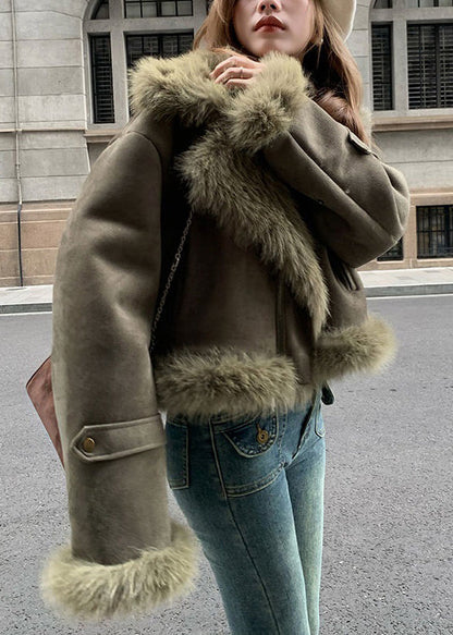 Blackish Green Fur Collar Patchwork Faux Suede Parkas Winter