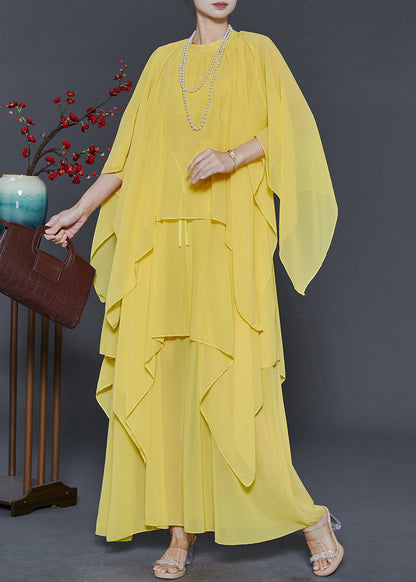 Yellow Chiffon Long Dresses Asymmetrical Design Summer