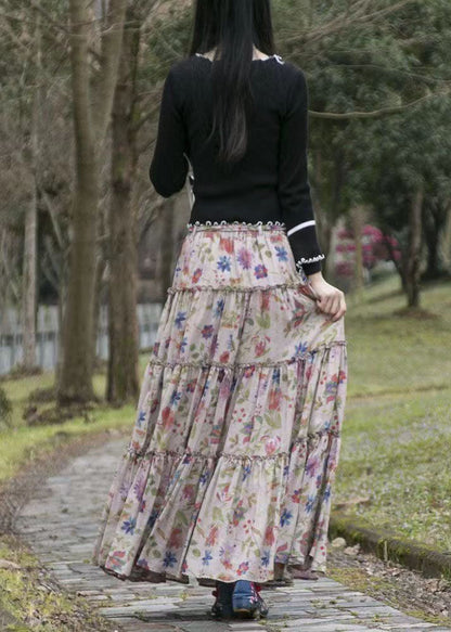 Loose Cinched Print Elastic Waist Patchwork Cotton Skirts Summer