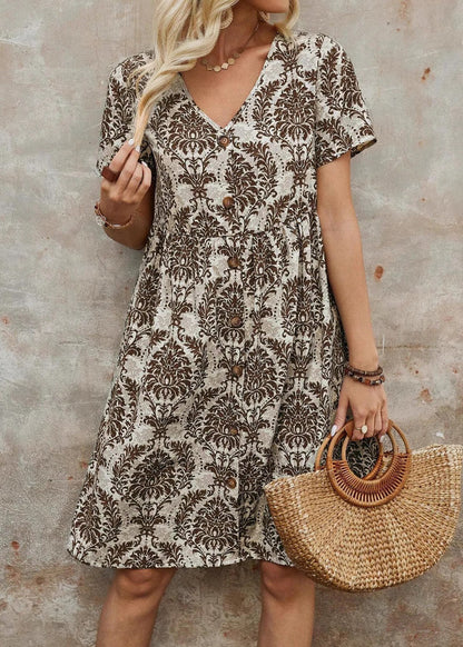 Stylish Green V Neck Print Button Cotton Mid Dresses Summer