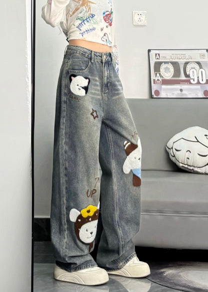 Blue Embroidered Character Denim Pants Spring