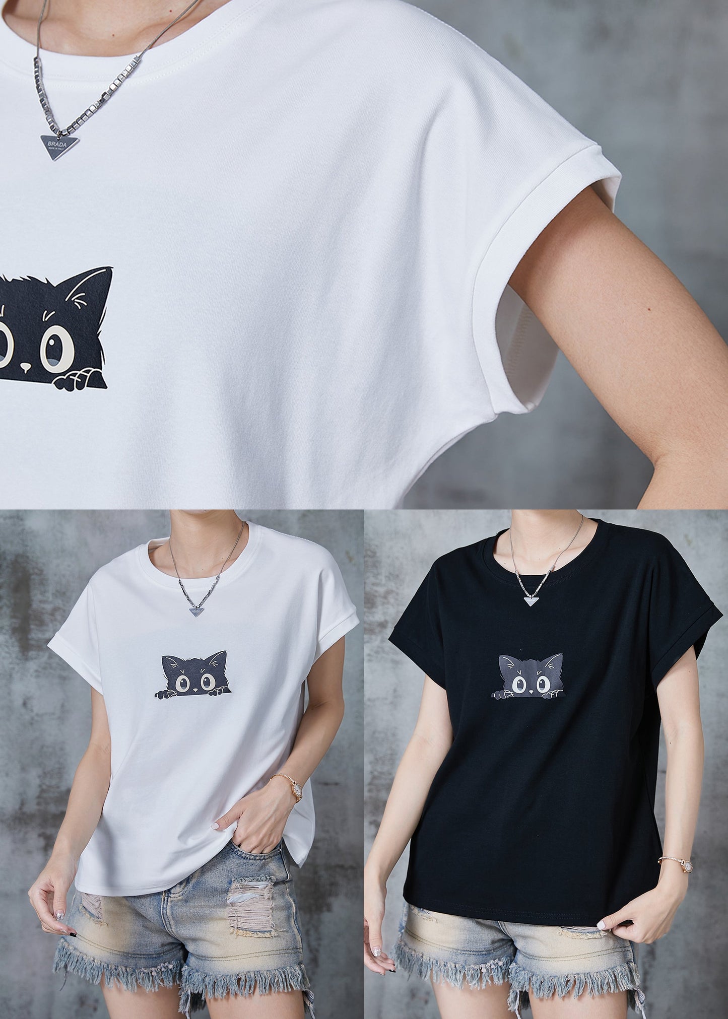 White Cat Print Cotton Tank Tops Summer