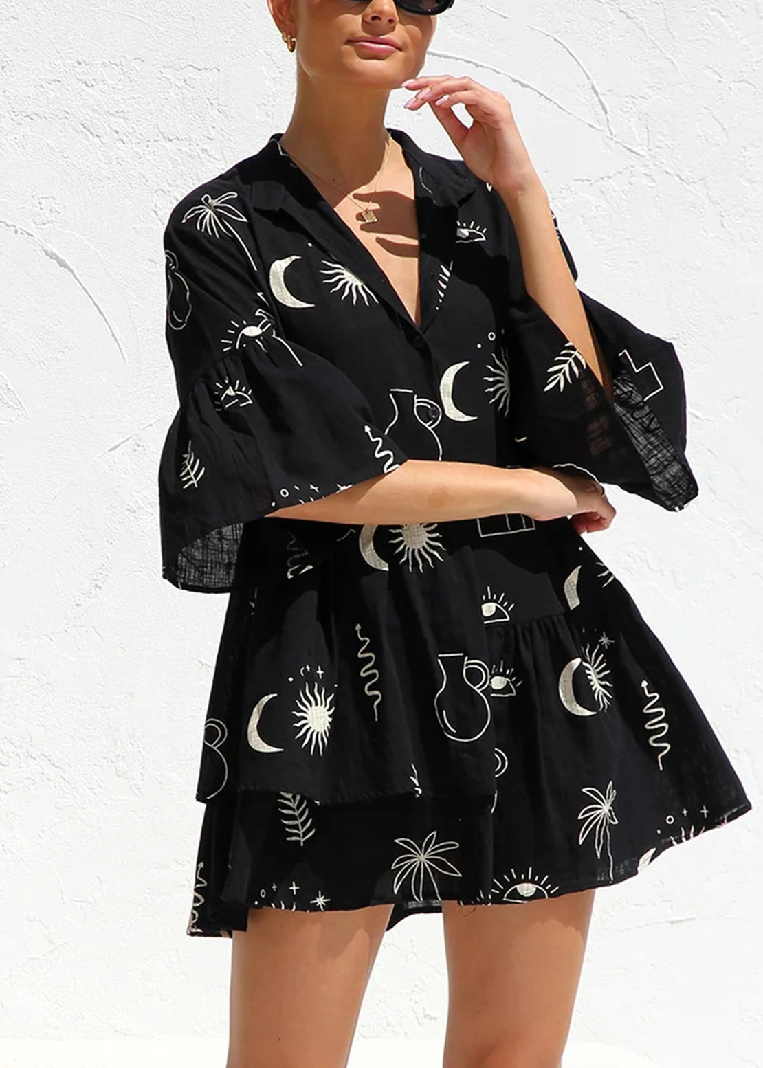 New Apricot Asymmetrical Print Patchwork Short Cotton Shirts Dress Summer