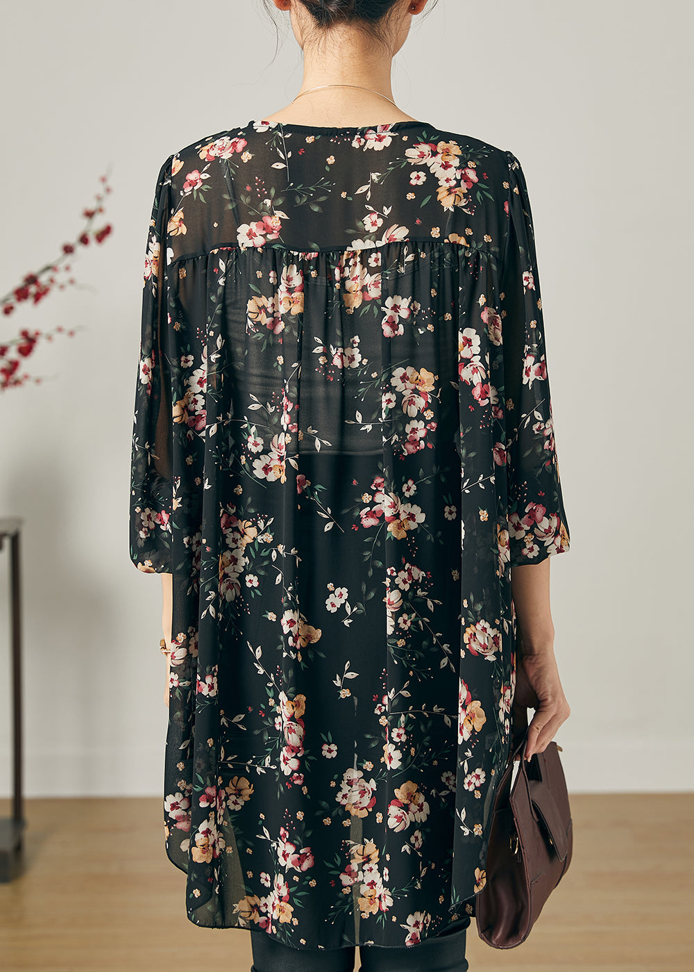 Black Oversized Print Chiffon Shirt Summer