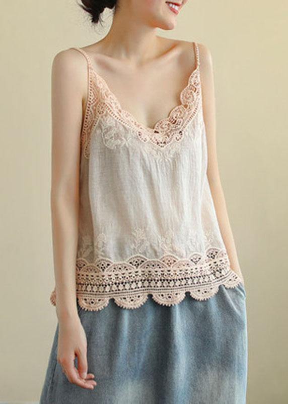 Pink Embroidered Lace Hollow Out Summer Cotton Vest Sleeveless