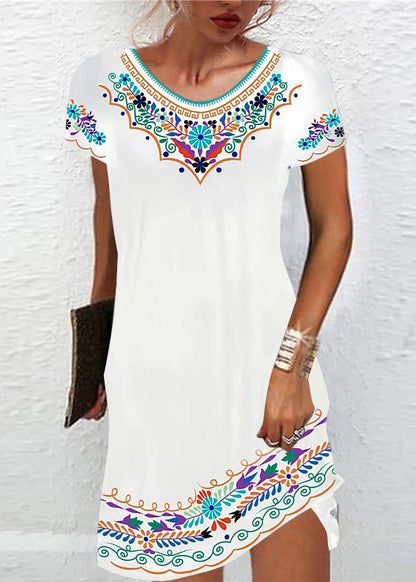 Purple O Neck Print Cotton Mid Dress Summer