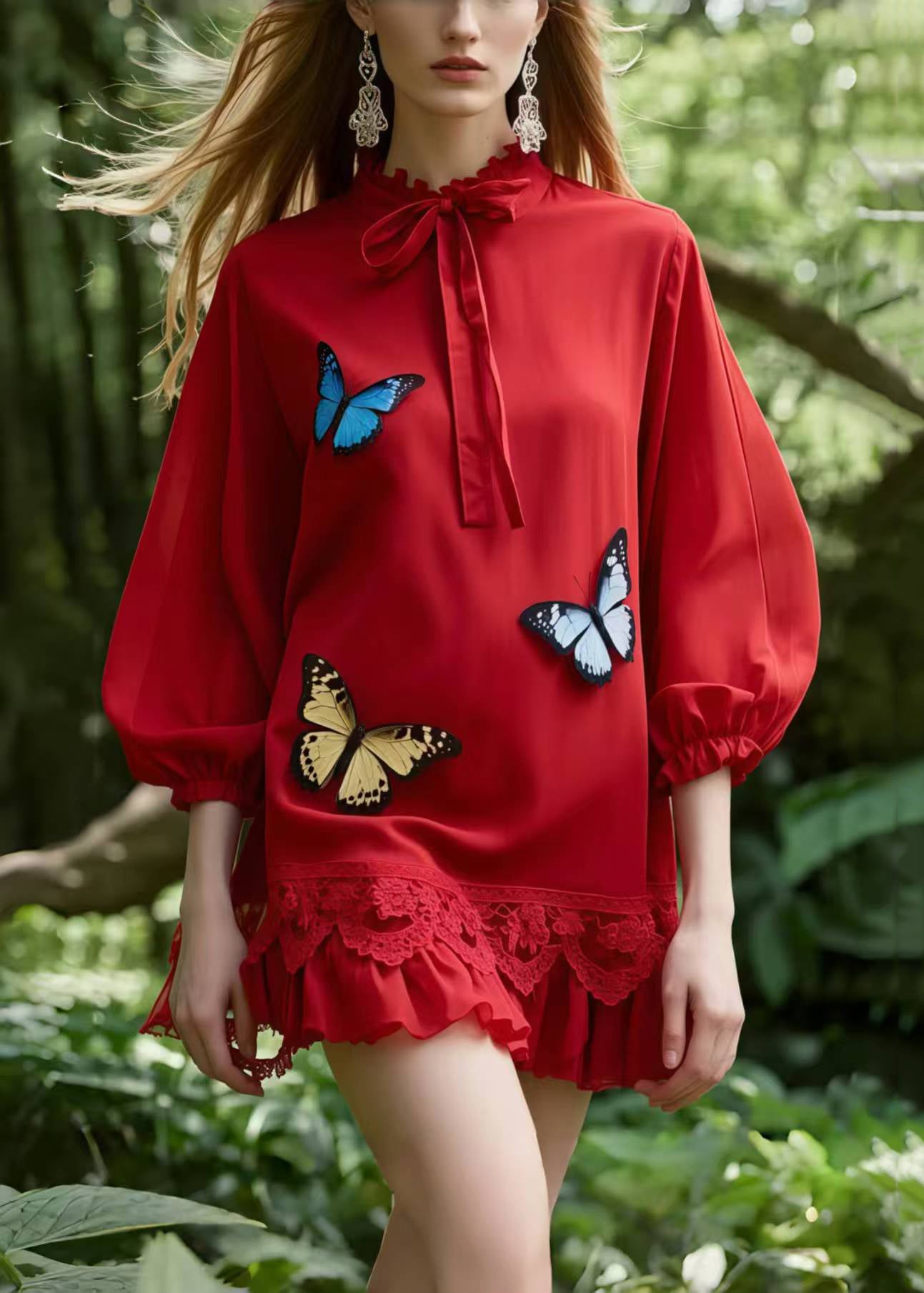 Red Tie Collar Butterfly Cotton Day Dress Summer
