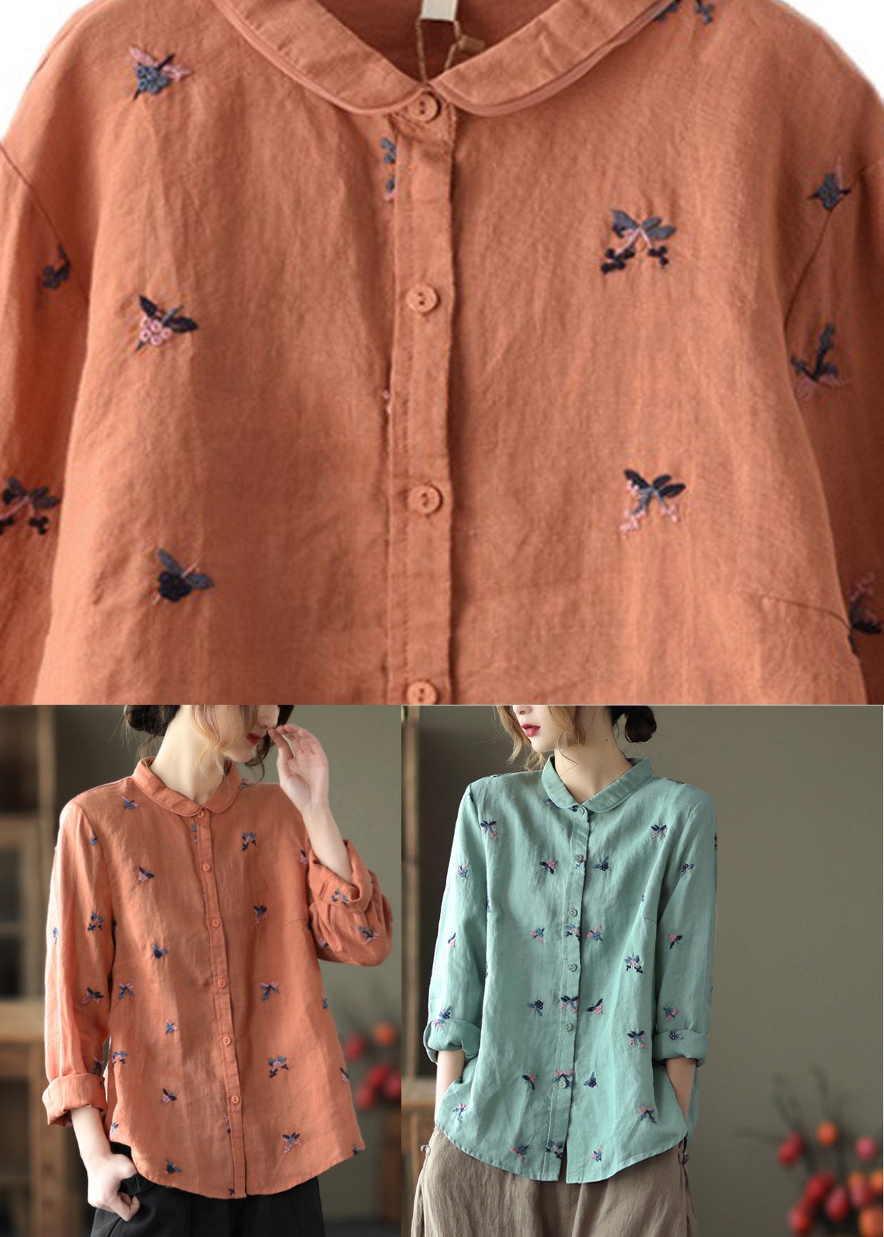 Handmade Green Peter Pan Collar Embroidered Linen Shirts Long Sleeve