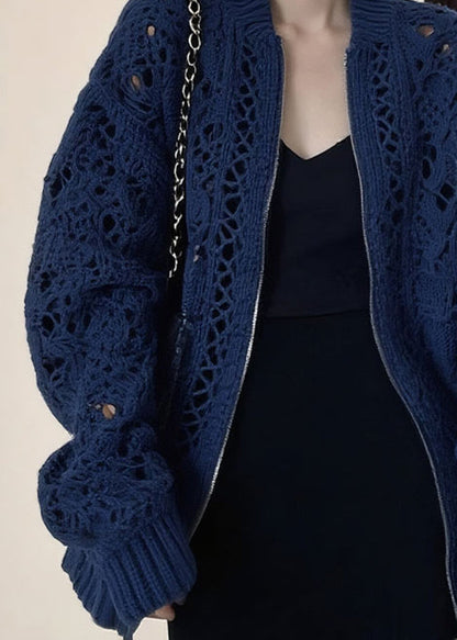 Blue O-neck Zippered Patchwork Cotton Knit Coats Long Sleeve