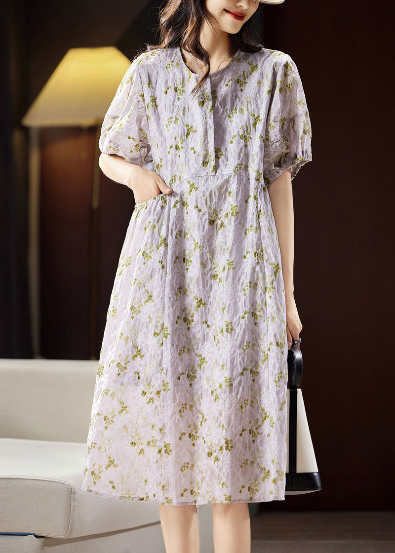 Light Purple Print Patchwork Cotton Holiday Long Dress Puff Sleeve