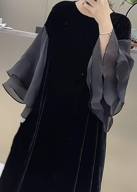 Black O-neck Patchwork Silk Velvet Maxi Dress Butterfly Sleeve