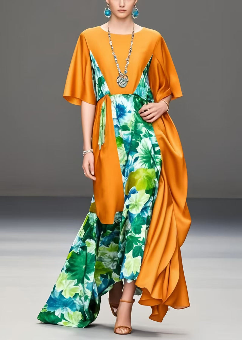Fitted Orange Asymmetrical Patchwork Silk Party Dress Summer