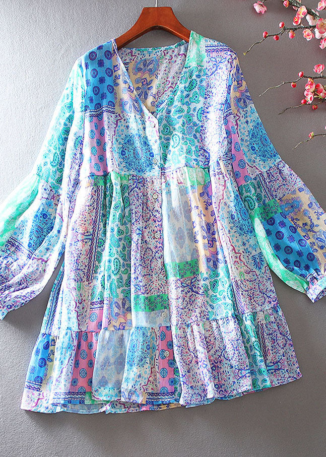 Blue Oversized Print Cotton Shirt Tops Spring