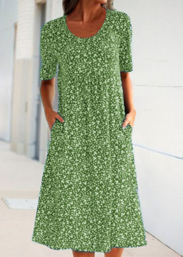 Navy O Neck Print Pockets Cotton Long Dress Summer