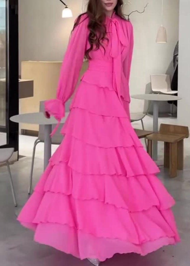 Rose Bow Ruffled Patchwork Chiffon Long Dress Fall