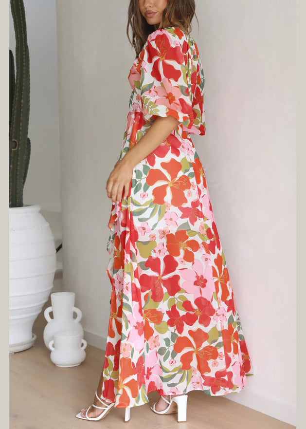 Stylish Red V Neck Print Side Open Cotton Dress Summer