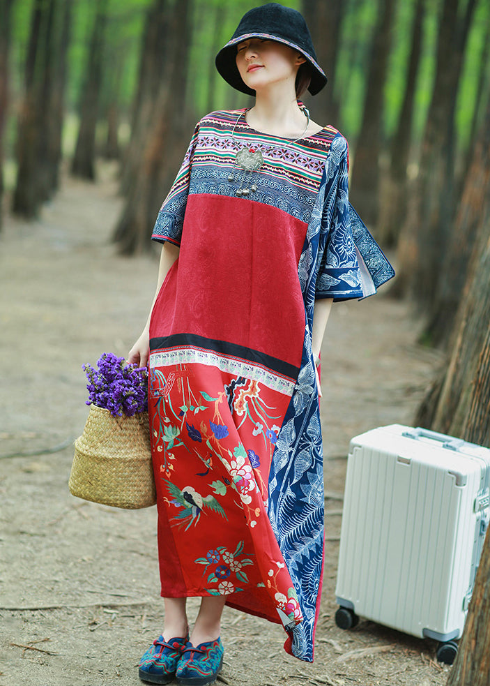 Loose Red Print Pockets Patchwork Cotton Maxi Dresses Half Sleeve