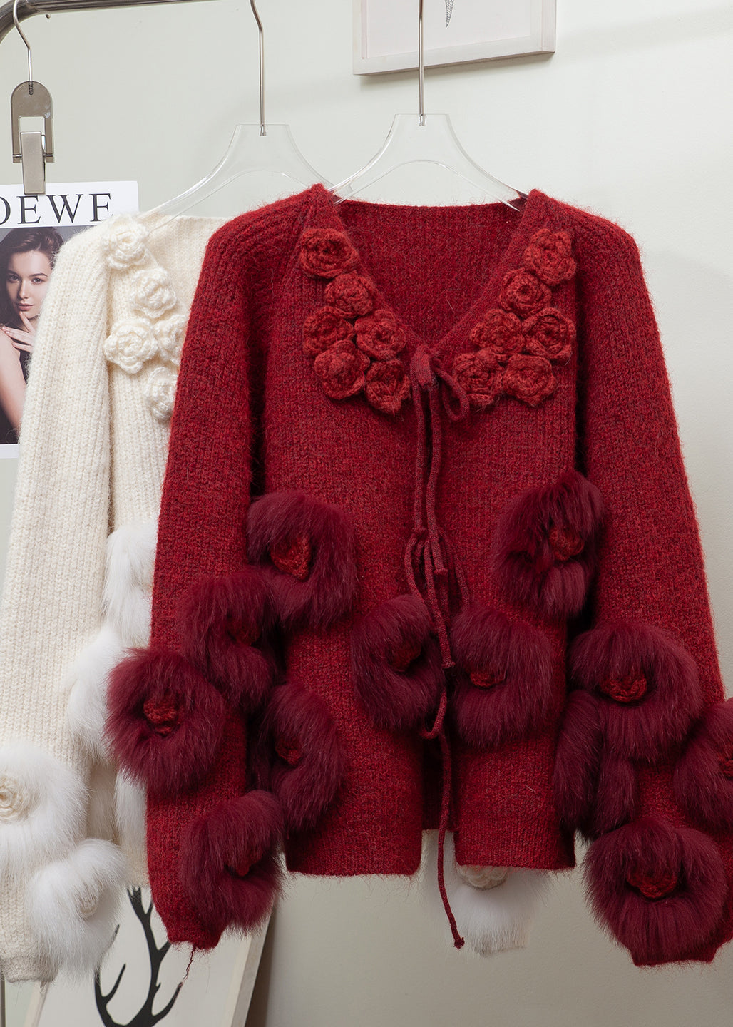Red Decorated Patchwork Fox Fur Knit Cardigan Winter