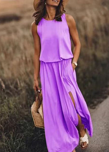 Khaki O Neck Side Open Cotton Dress Sleeveless