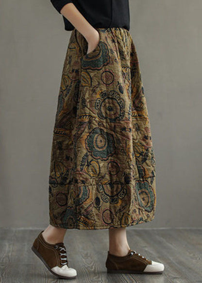 Red Elastic Waist Patchwork Print Fine Cotton Filled Skirt Winter