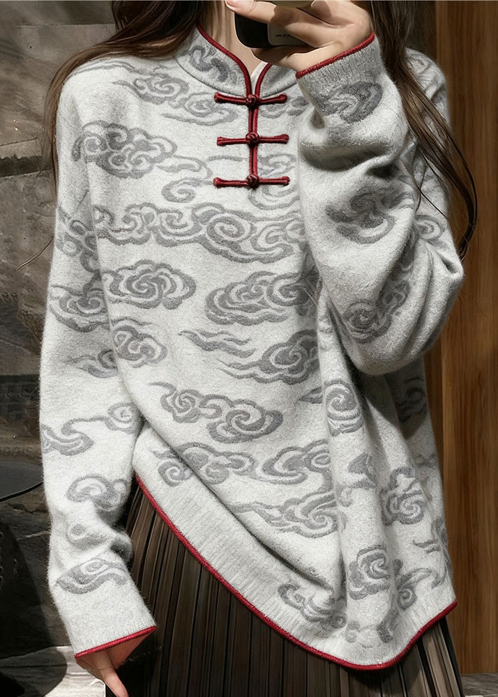 Grey Stand Collar Auspicious Clouds Knit Sweater Tops Winter