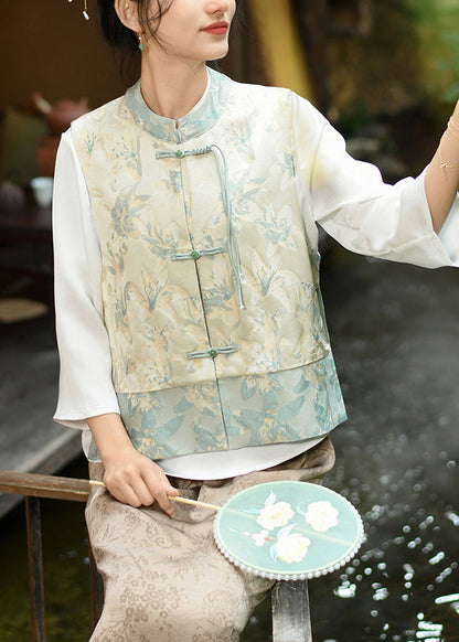 Green Tasseled Jacquard Oriental Button Silk Vest Spring