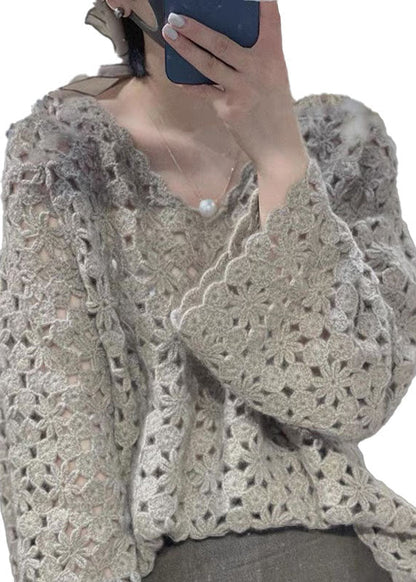 Grey V Neck Hollow Out Knit Tops Fall