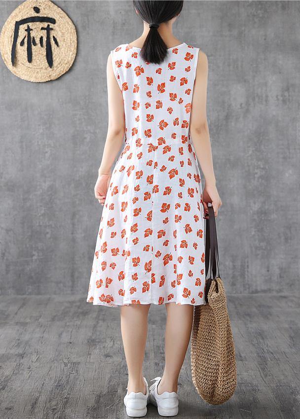 Handmade White Print Linen Long Shirts Sleeveless Cotton Summer Dress