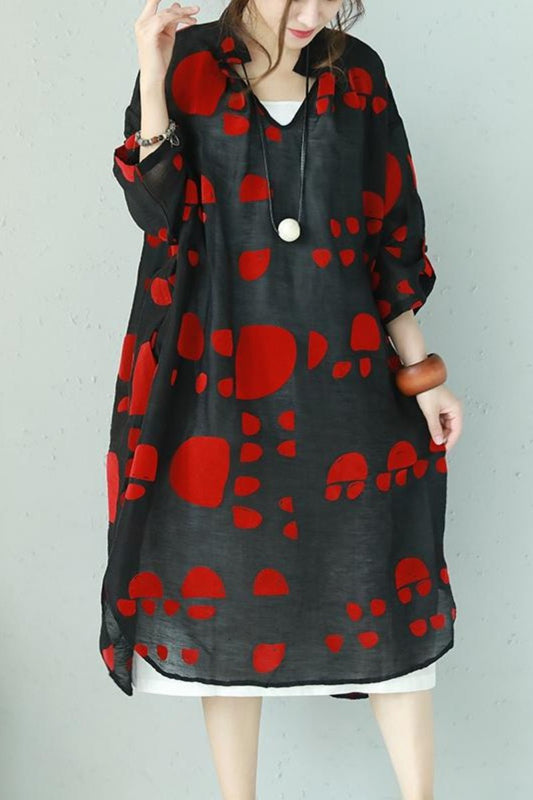 Loose Summer Red Dot Black Chiffon Long Dresses Outfits