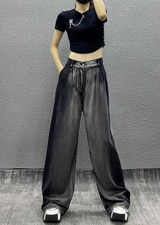 Black Grey Pockets Patchwork Denim Wide Leg Pants Fall